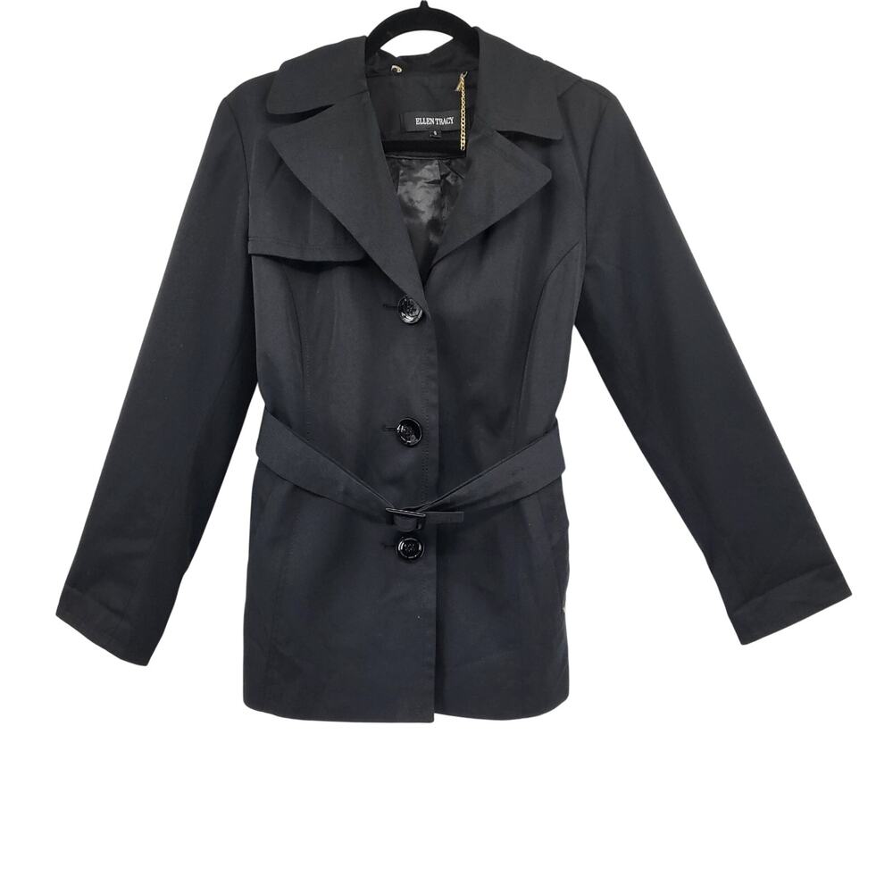 Ellen Tracy Rain Jacket Black Button-up Hooded Belted Lightweight Women's Size S